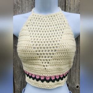 Cream Crochet Halter Top with Pink Flowers/Tulips, Boho, Festival. 💕Size M